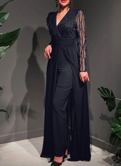 Jumpsuit/Pantsuit V-Neck Chiffon/Tulle Evening Dresses With Sequins