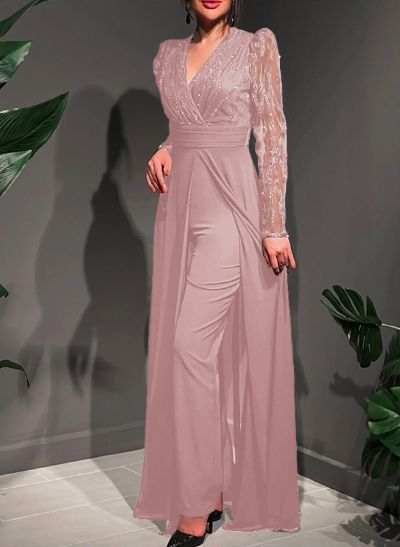 Jumpsuit/Pantsuit V-Neck Chiffon/Tulle Evening Dresses With Sequins