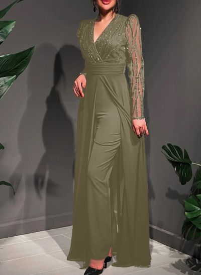 Jumpsuit/Pantsuit V-Neck Chiffon/Tulle Evening Dresses With Sequins