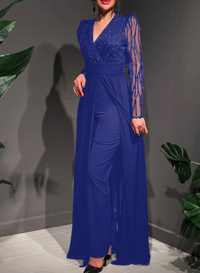 Jumpsuit/Pantsuit V-Neck Chiffon/Tulle Evening Dresses With Sequins