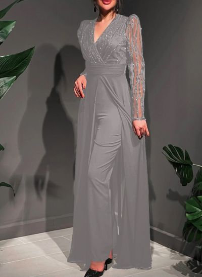 Jumpsuit/Pantsuit V-Neck Chiffon/Tulle Evening Dresses With Sequins