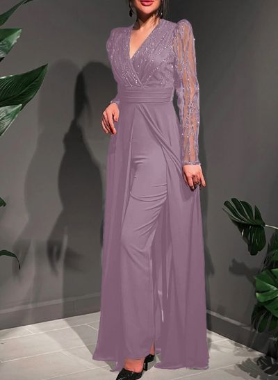 Jumpsuit/Pantsuit V-Neck Chiffon/Tulle Evening Dresses With Sequins