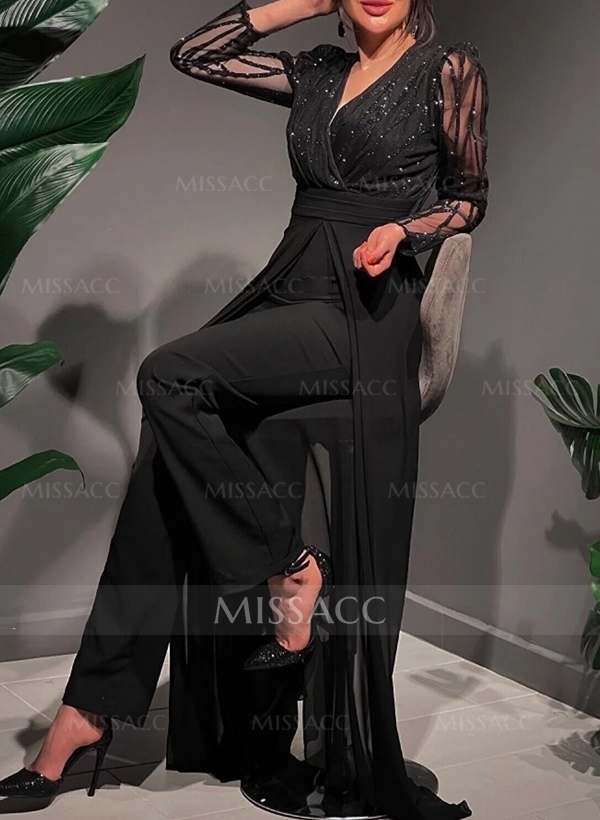 Jumpsuit/Pantsuit V-Neck Chiffon/Tulle Evening Dresses With Sequins