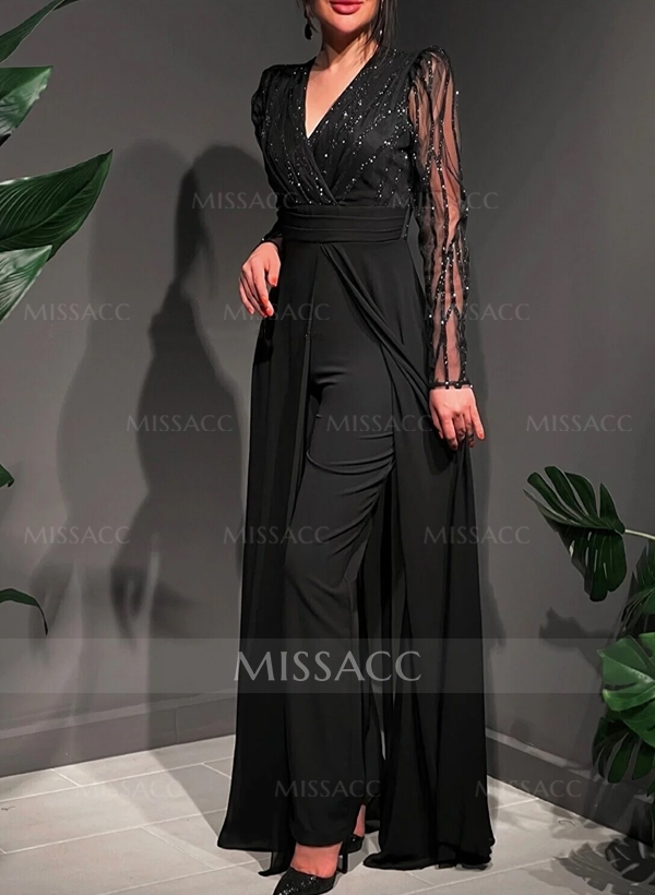 Jumpsuit/Pantsuit V-Neck Chiffon/Tulle Evening Dresses With Sequins