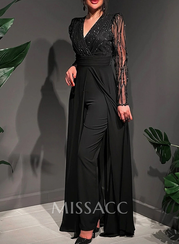 Jumpsuit/Pantsuit V-Neck Chiffon/Tulle Evening Dresses With Sequins