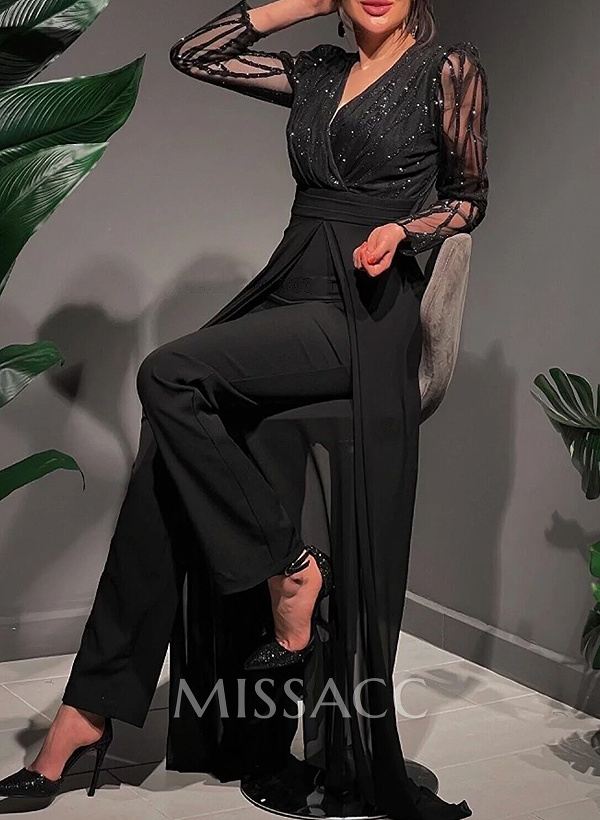 Jumpsuit/Pantsuit V-Neck Chiffon/Tulle Evening Dresses With Sequins