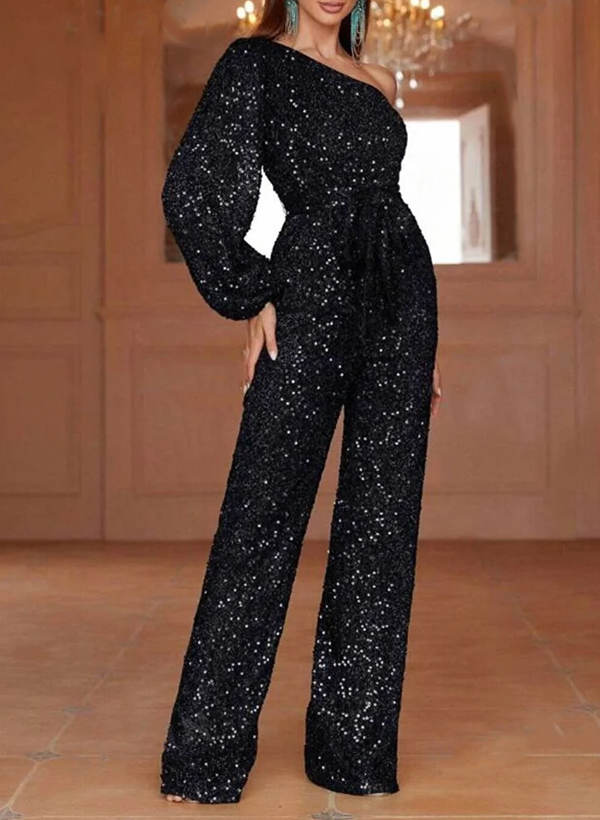 Jumpsuit/Pantsuit One-Shoulder Long Sleeves Sequined Evening Dresses