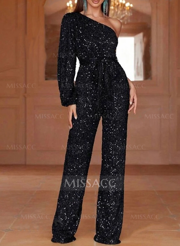 Jumpsuit/Pantsuit One-Shoulder Long Sleeves Sequined Evening Dresses