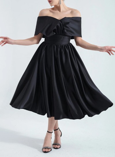 A-Line Off-The-Shoulder Sleeveless Tea-Length Silk Like Satin Evening Dresses