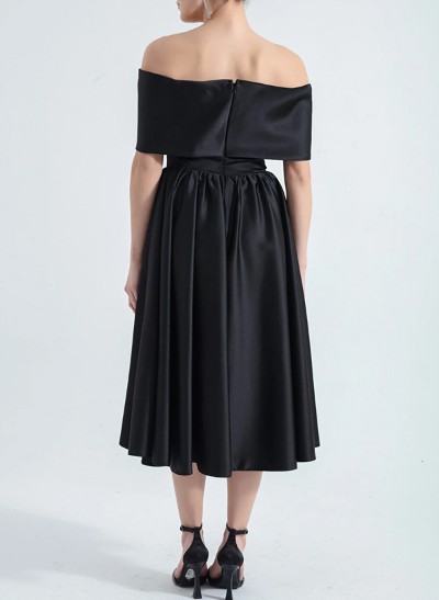 A-Line Off-The-Shoulder Sleeveless Tea-Length Silk Like Satin Evening Dresses