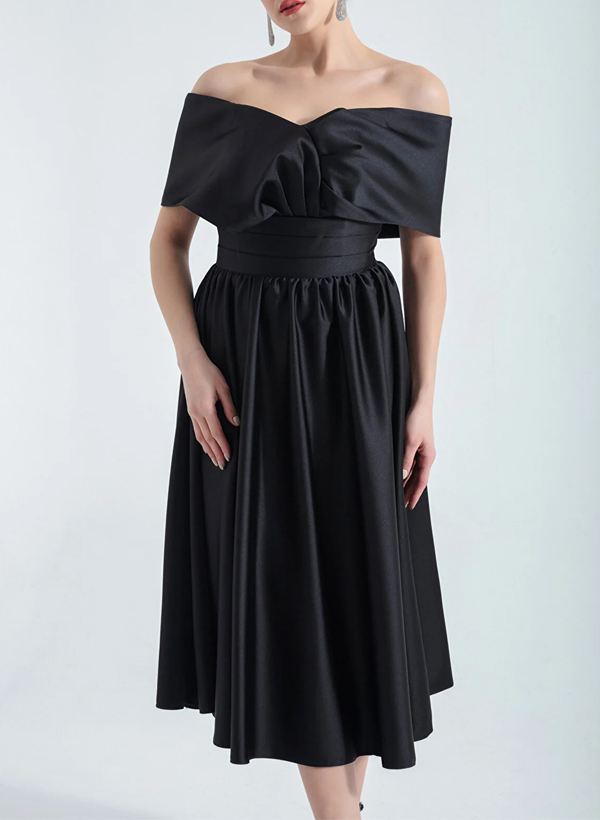 A-Line Off-The-Shoulder Sleeveless Tea-Length Silk Like Satin Cocktail Dresses