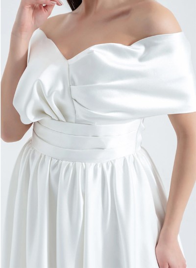 A-Line Off-The-Shoulder Sleeveless Tea-Length Silk Like Satin Cocktail Dresses