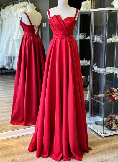 A-Line Sweetheart Sleeveless Floor-Length Satin Evening Dresses