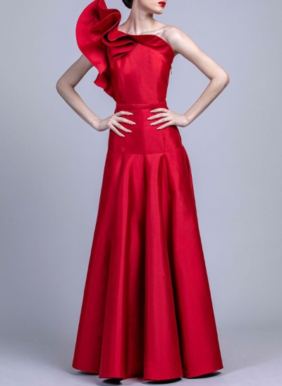 A-Line One-Shoulder Sleeveless Floor-Length Satin Evening Dresses With Ruffle