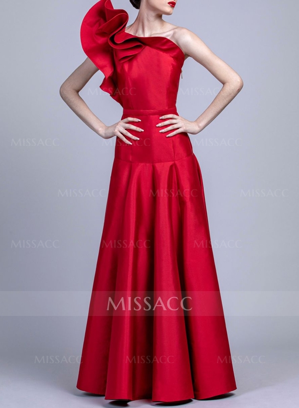 A-Line One-Shoulder Sleeveless Floor-Length Satin Evening Dresses With Ruffle