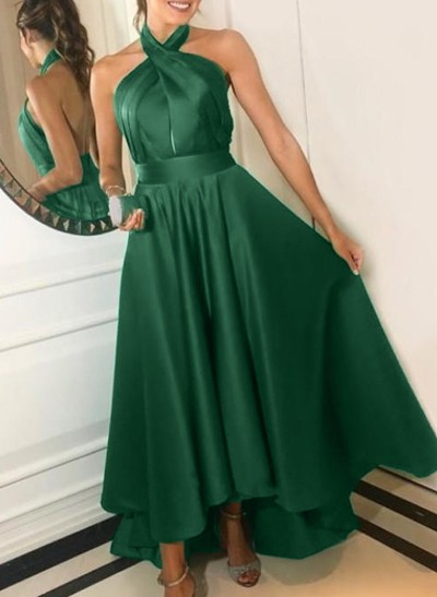 A-Line Halter Sleeveless Asymmetrical Satin Evening Dresses