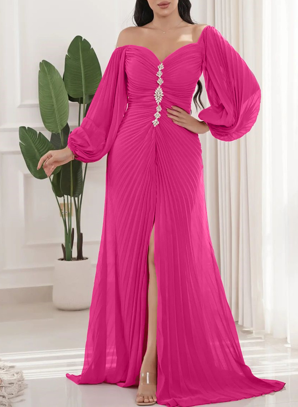 A-Line Off-The-Shoulder Chiffon Evening Dresses With Pleated/High Split