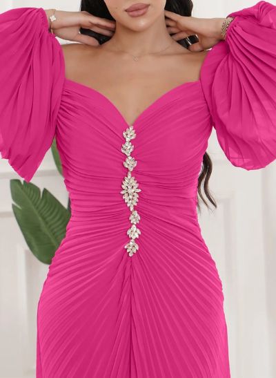 A-Line Off-The-Shoulder Chiffon Evening Dresses With Pleated/High Split