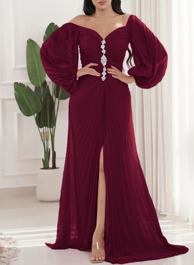 A-Line Off-The-Shoulder Chiffon Evening Dresses With Pleated/High Split