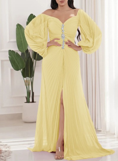 A-Line Off-The-Shoulder Chiffon Evening Dresses With Pleated/High Split