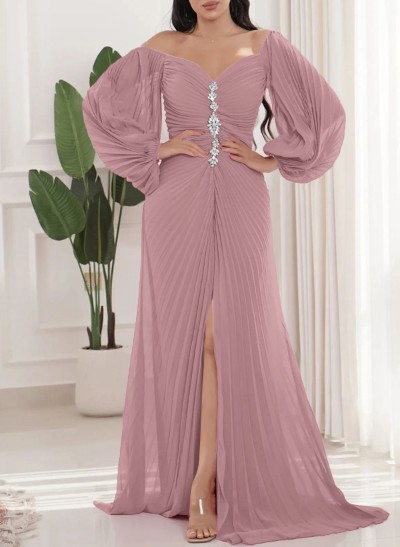 A-Line Off-The-Shoulder Chiffon Evening Dresses With Pleated/High Split