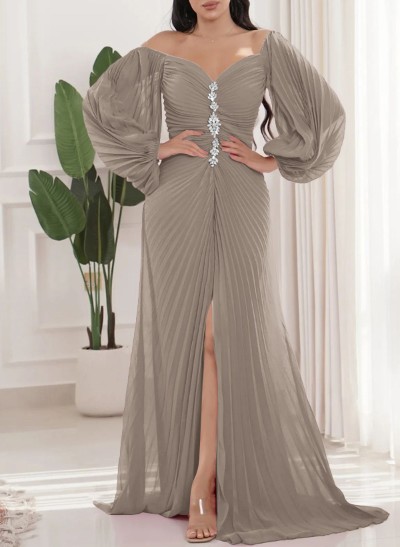 A-Line Off-The-Shoulder Chiffon Evening Dresses With Pleated/High Split