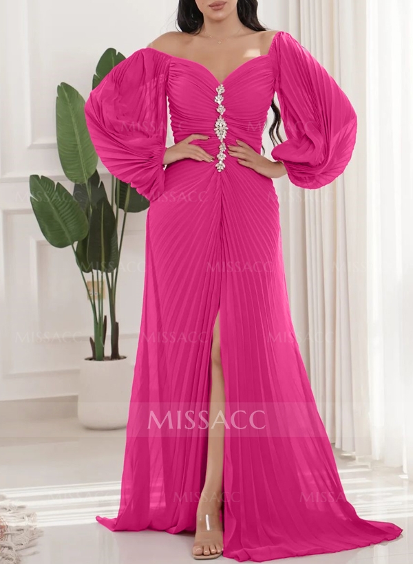 A-Line Off-The-Shoulder Chiffon Evening Dresses With Pleated/High Split