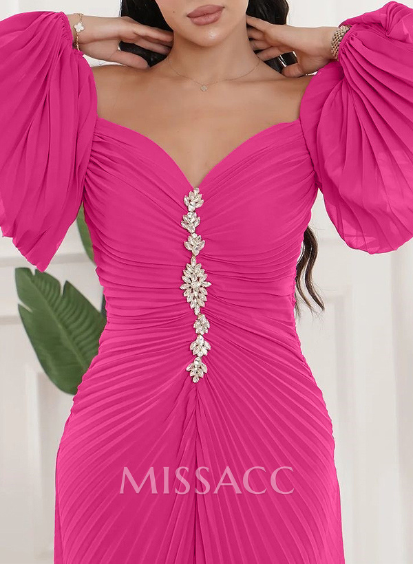 A-Line Off-The-Shoulder Chiffon Evening Dresses With Pleated/High Split