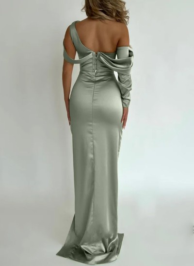 Sheath/Column Asymmetrical Silk Like Satin Prom Dresses With High Split
