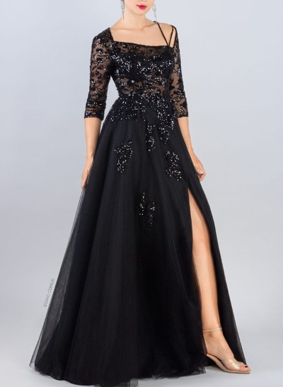 A-Line Square Neckline Tulle/Sequined Evening Dresses With High Split