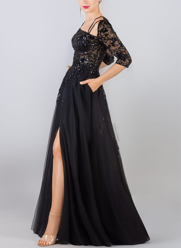 A-Line Square Neckline Tulle/Sequined Evening Dresses With High Split