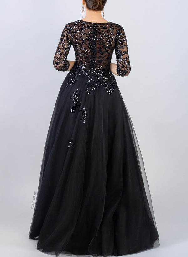 A-Line Square Neckline Tulle/Sequined Evening Dresses With High Split