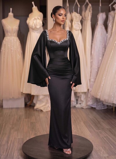 Sheath/Column Off-The-Shoulder Long Sleeves Silk Like Satin Evening Dresses