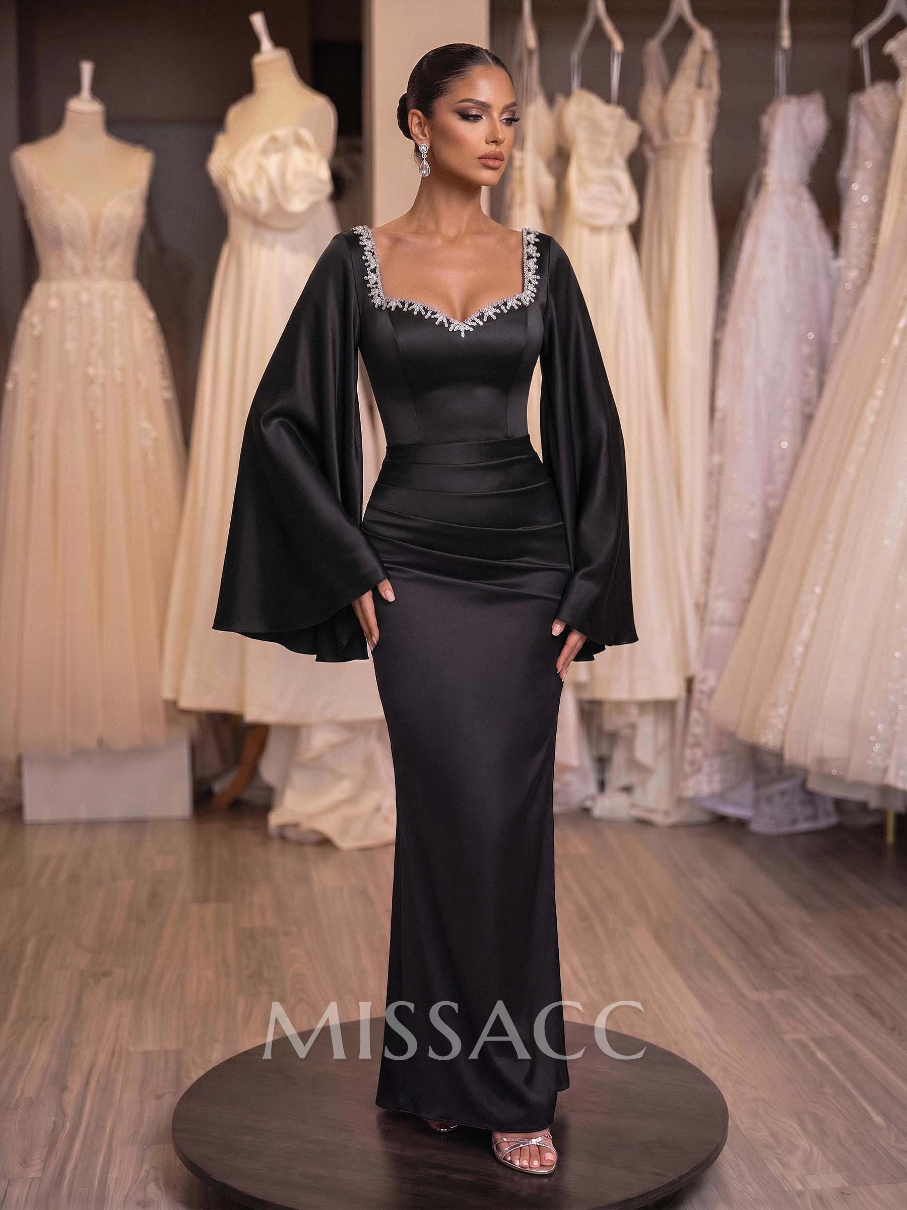 Sheath/Column Off-The-Shoulder Long Sleeves Silk Like Satin Evening Dresses Sheath/Column Off-The-Shoulder Long Sleeves Silk Like Satin Evening Dresses