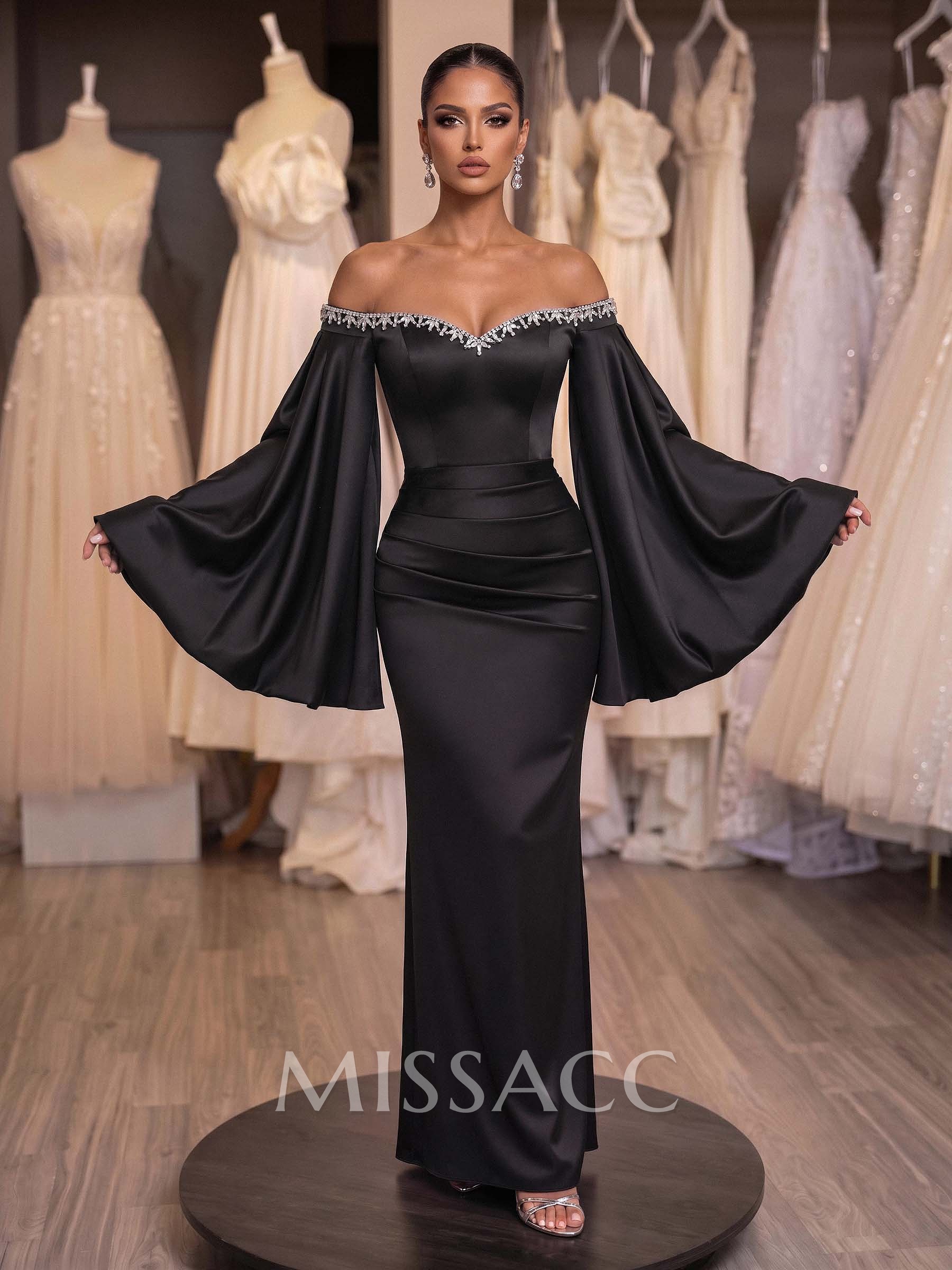 Sheath/Column Off-The-Shoulder Long Sleeves Silk Like Satin Evening Dresses Sheath/Column Off-The-Shoulder Long Sleeves Silk Like Satin Evening Dresses