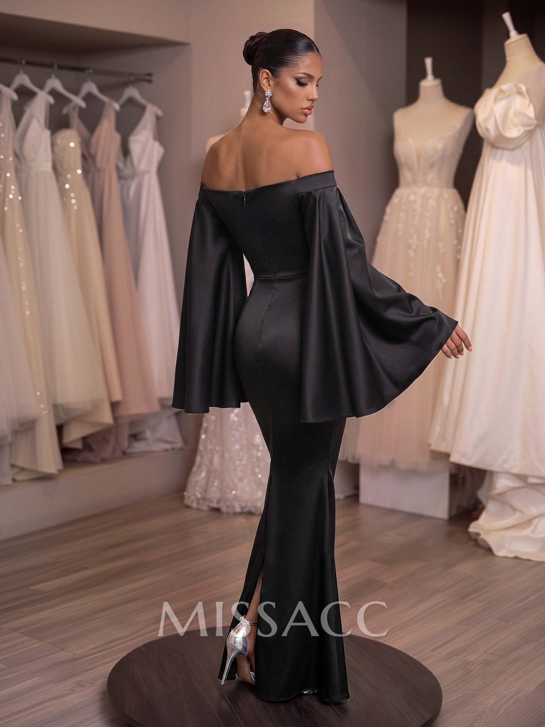 Sheath/Column Off-The-Shoulder Long Sleeves Silk Like Satin Evening Dresses Sheath/Column Off-The-Shoulder Long Sleeves Silk Like Satin Evening Dresses