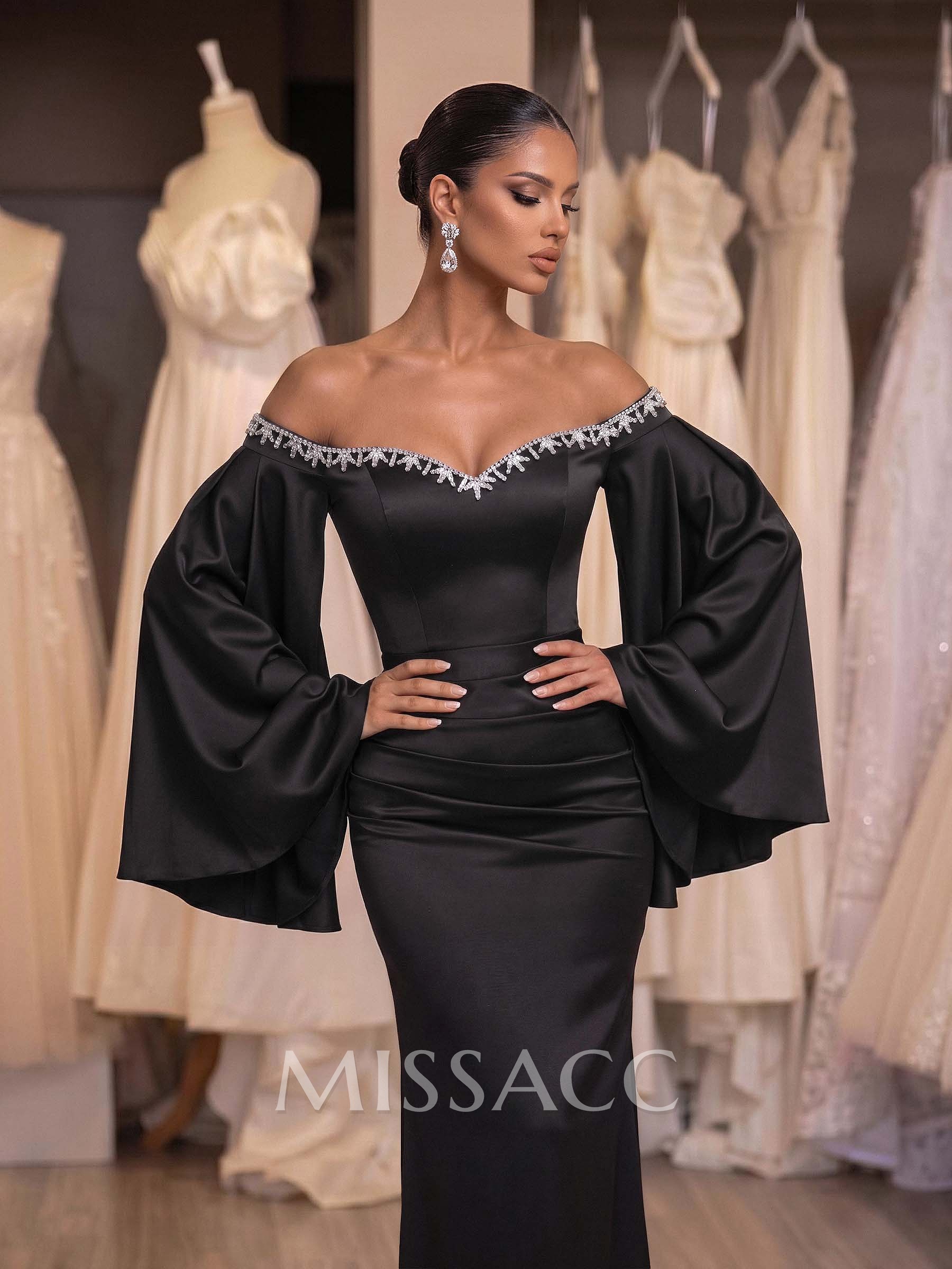Sheath/Column Off-The-Shoulder Long Sleeves Silk Like Satin Evening Dresses Sheath/Column Off-The-Shoulder Long Sleeves Silk Like Satin Evening Dresses