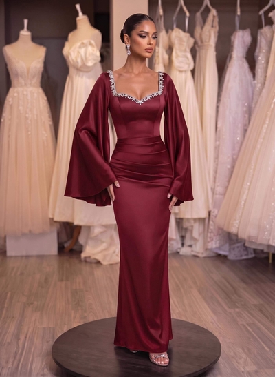 Sheath/Column Off-The-Shoulder Long Sleeves Silk Like Satin Evening Dresses
