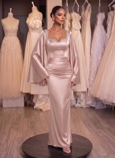 Sheath/Column Off-The-Shoulder Long Sleeves Silk Like Satin Evening Dresses