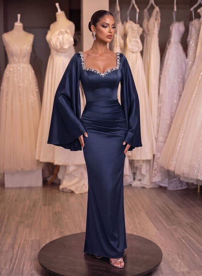 Sheath/Column Off-The-Shoulder Long Sleeves Silk Like Satin Evening Dresses