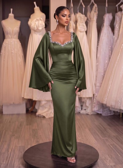 Sheath/Column Off-The-Shoulder Long Sleeves Silk Like Satin Evening Dresses
