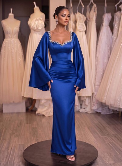 Sheath/Column Off-The-Shoulder Long Sleeves Silk Like Satin Evening Dresses