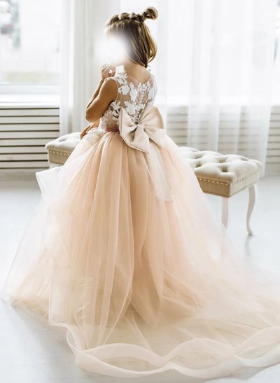 A-Line V-Neck Sleeveless Tulle Flower Girl Dresses With Appliques Lace