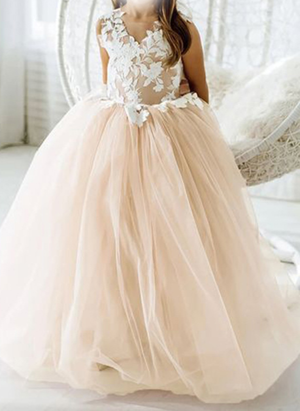 A-Line V-Neck Sleeveless Tulle Flower Girl Dresses With Appliques Lace