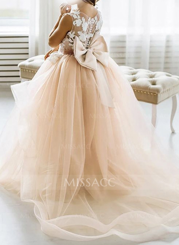 A-Line V-Neck Sleeveless Tulle Flower Girl Dresses With Appliques Lace