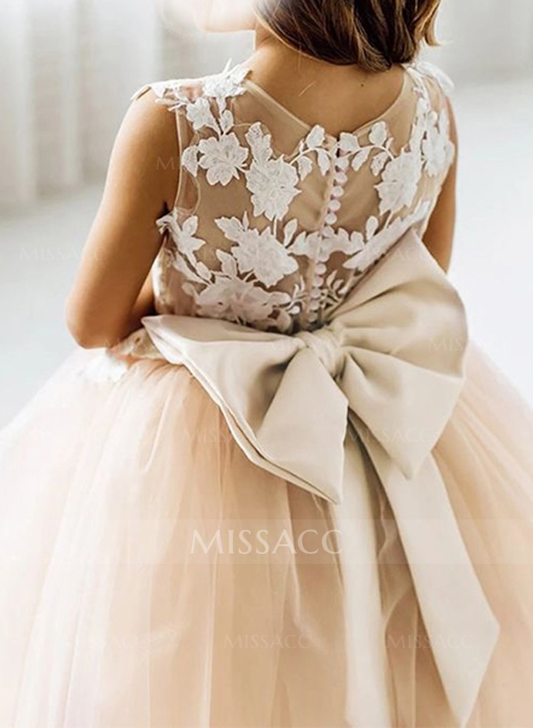 A-Line V-Neck Sleeveless Tulle Flower Girl Dresses With Appliques Lace