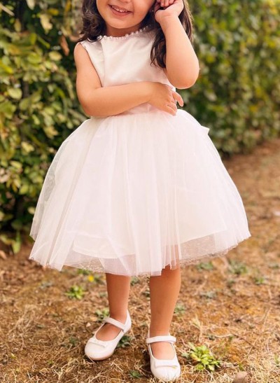 Ball-Gown Scoop Neck Sleeveless Satin/Tulle Flower Girl Dresses With Beading