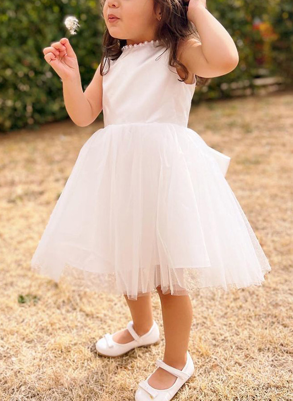 Ball-Gown Scoop Neck Sleeveless Satin/Tulle Flower Girl Dresses With Beading