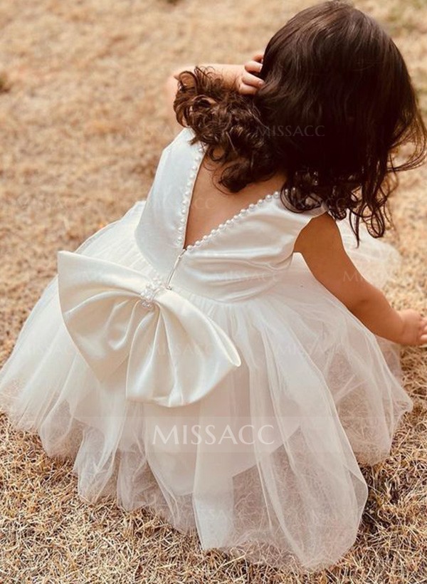 Ball-Gown Scoop Neck Sleeveless Satin/Tulle Flower Girl Dresses With Beading