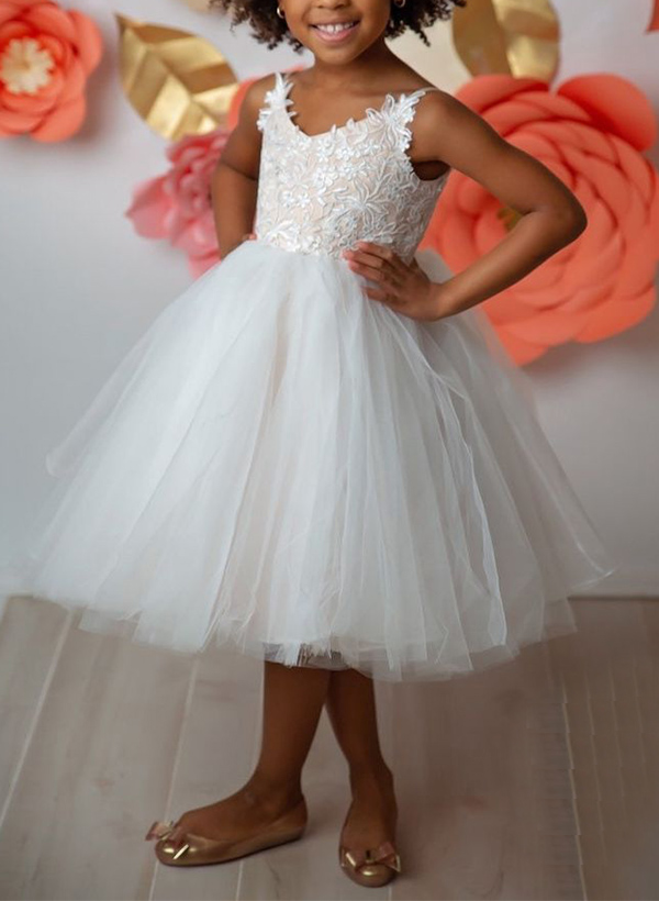Ball-Gown V-Neck Lace/Tulle Flower Girl Dresses With Appliques Lace